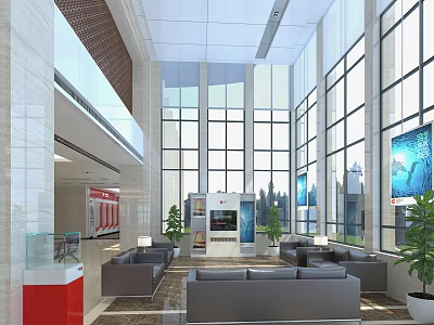 Modern Hotel Public Lounge With Large Windows Comfortable Sofas Green Plants And TV Screens 3d model