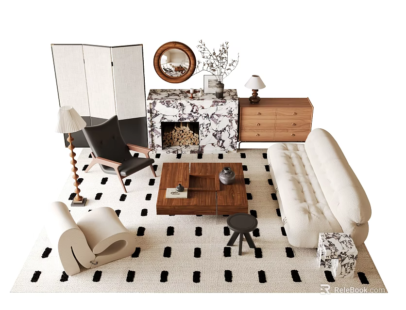 Modern Sofa And Coffee Table Set With Black White Rug Accent Chair And Floor Lamp 3d model 