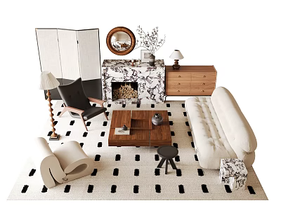 Modern Sofa And Coffee Table Set With Black White Rug Accent Chair And Floor Lamp 3d model