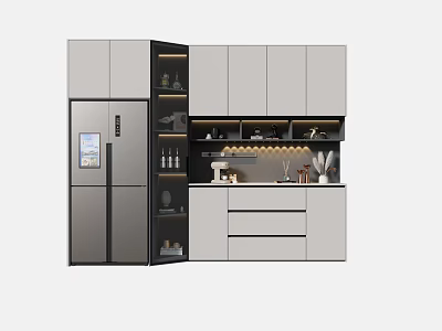 Modern Kitchen Wine Cabinet With Glass Doors Wine Bottles And Storage Shelves Design 3d model