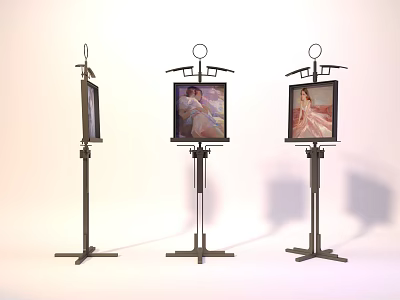 Contemporary Art Installation Featuring Three Mounted Framed Paintings on Tripod Stands 3d model