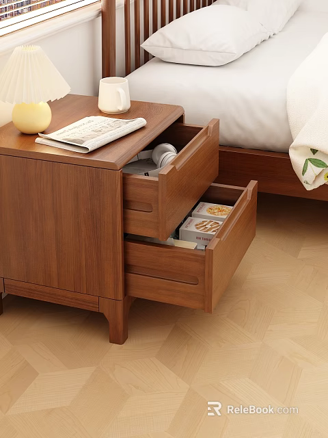 Wooden Bedside Table with Open Drawers Candle Cup and Magazine on Top Next to Bed 3d model 