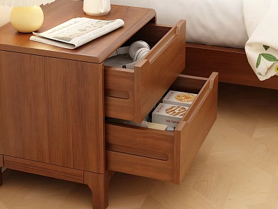 Wooden Bedside Table with Open Drawers Candle Cup and Magazine on Top Next to Bed 3d model