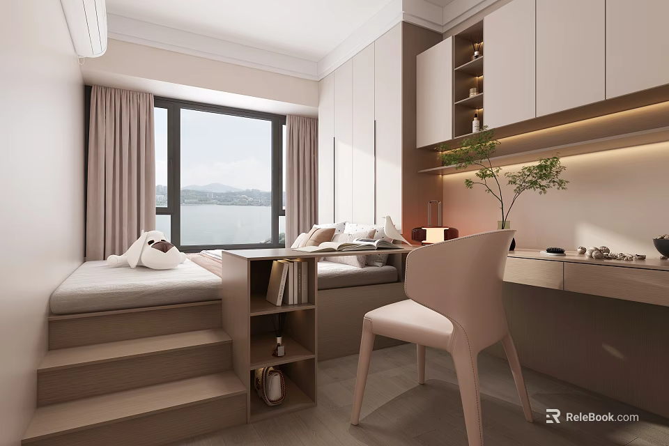 Tatami Bedroom Interior Design with Tatami Bed Lake View Storage Cabinets Desk and Chair 3d model 