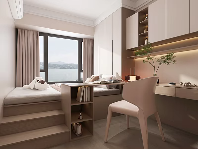 Tatami Bedroom Interior Design with Tatami Bed Lake View Storage Cabinets Desk and Chair 3d model