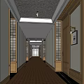 Hotel Corridor Interior With Patterned Carpet Wooden Decor Light-Colored Walls And Recessed Lighting