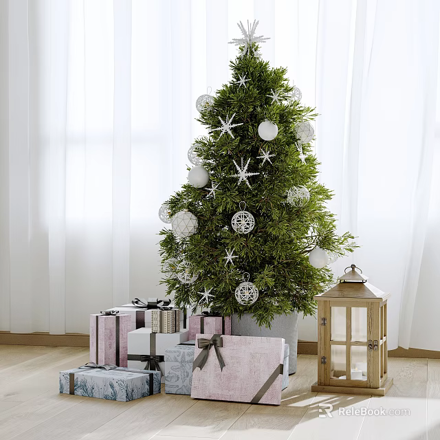 Decorated Christmas Tree With Star Ornaments Gifts And Wooden Lantern Indoors 3d model 