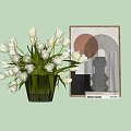 Decorative Ornament Set With White Tulip Bouquet White Vase Geometric Wall Art Gray Sculpture And Books