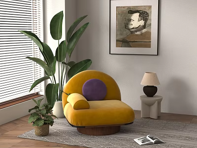 Yellow Single Sofa With Purple Cushion Green Plant And Table Lamp In Living Room Interior 3d model