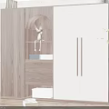 Modern Minimalist Wardrobe Design With Wooden Panel White Door Arched Open Shelf And Drawers