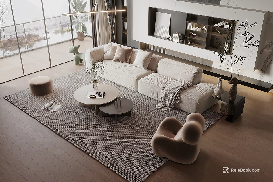 Modern Fabric Sofa And Wooden Coffee Table Set With Cushions In Stylish Living Room Interior 3d model 