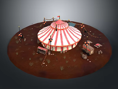 Cartoon Scene Featuring Red And White Striped Circus Tent With Small Stalls And Lamp Posts 3d model