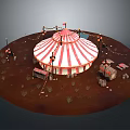 Cartoon Scene Featuring Red And White Striped Circus Tent With Small Stalls And Lamp Posts