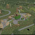 Outdoor Natural Playground with Green Grass Trees Play Structures Slides and Winding Paths