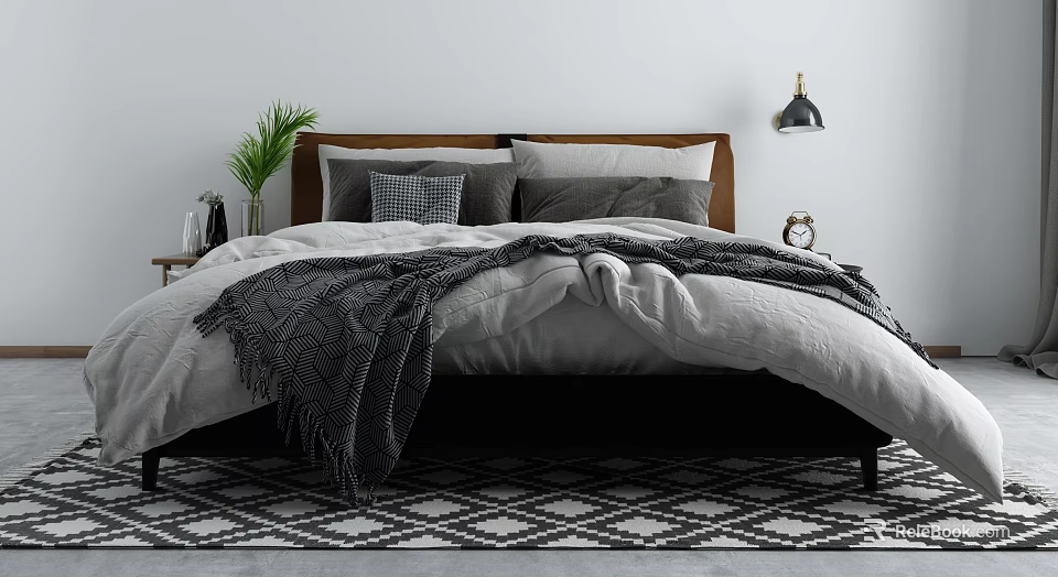 Modern Double Bed With Gray White Bedding Wooden Headboard Bedside Lamp And Patterned Rug 3d model 