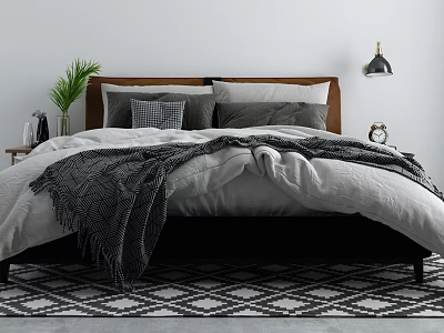Modern Double Bed With Gray White Bedding Wooden Headboard Bedside Lamp And Patterned Rug 3d model