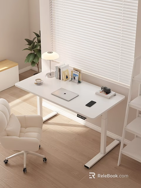 White Minimalist Desk with Laptop Phone Lamp Books and Potted Plant By Blinds And Chair 3d model 