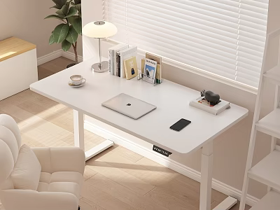 White Minimalist Desk with Laptop Phone Lamp Books and Potted Plant By Blinds And Chair 3d model