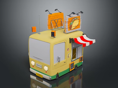 Daily Use Yellow Food Truck with Red and White Striped Awning and Orange Taco Sign 3d model