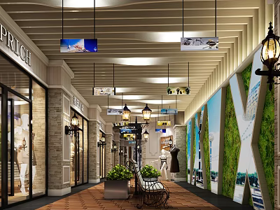 Shopping Mall Walkway With Wooden Ceiling Storefronts Pendant Lights Bench Green Plants And Mural 3d model