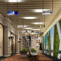 Shopping Mall Walkway With Wooden Ceiling Storefronts Pendant Lights Bench Green Plants And Mural