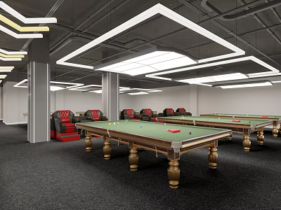 Modern Spacious Billiard Room Interior With Green Felt Tables Golden Legs And Red Chairs 3d model