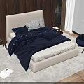 Double Bed With Beige Headboard Navy Blue Bedding And Sea View Through Large Window 3d model