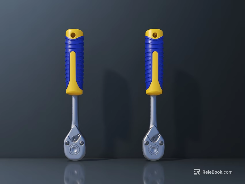 Two Hardware Tools Wrenches With Blue And Yellow Handles Metal Heads On Dark Gray Surface 3d model 