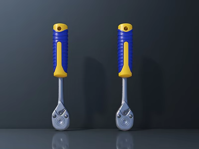 Two Hardware Tools Wrenches With Blue And Yellow Handles Metal Heads On Dark Gray Surface 3d model