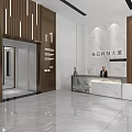 Modern Elevator Lobby Design With Wooden Decorative Panels Marble Flooring And Elevator Doors