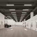 Parking Garage Interior With Ceiling Lights White Columns And Parked Vehicles