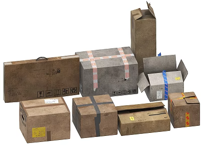 Various Cardboard Cartons Strapped With Tape Open Boxes And Labeled Packages 3d model