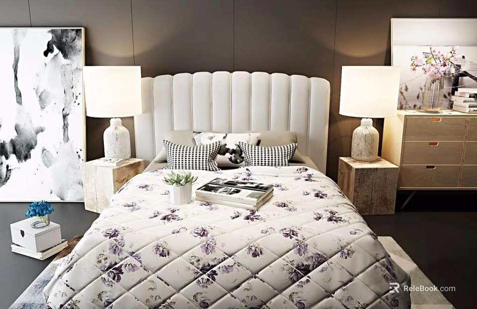 Stylish Double Bed with Tufted Headboard Floral Quilt Checkerboard Pillows Side Tables Lamps and Decor 3d model 