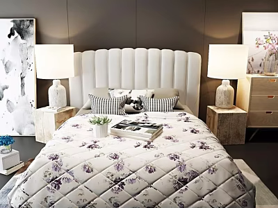 Stylish Double Bed with Tufted Headboard Floral Quilt Checkerboard Pillows Side Tables Lamps and Decor 3d model