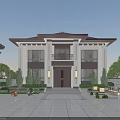 Modern Detached Villa Featuring Symmetrical Facade Grand Entrance Stone Steps Landscaped Garden And Outdoor Lighting