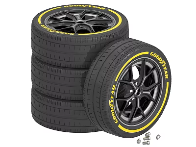 Goodyear Stacked Tires With Yellow Sidewall Stripes And Alloy Wheels 3d model