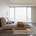 Modern Light Colored Double Bed With Upholstered Headboard Throw Blanket Nightstand And Bright Room Blinds