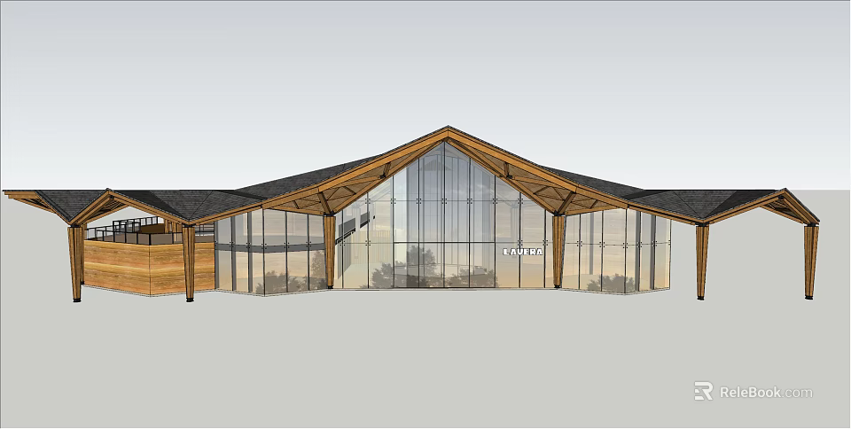 Modern Sales Office Building With Wooden Sloped Roof And Large Glass Walls 3d model 