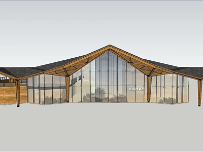 Modern Sales Office Building With Wooden Sloped Roof And Large Glass Walls 3d model