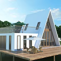 Modern A-Frame Guesthouse With White Exterior Wooden Deck Surrounded By Green Trees And Lawn