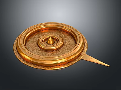 Ornate Golden Layered Circular Decorative Tray With Intricate Engraved Patterns And Handle 3d model