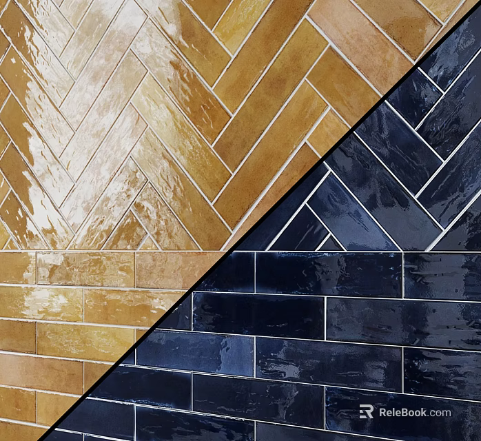 Building Exterior Wall Design With Golden Brown And Deep Blue Black Herringbone Tiles 3d model 