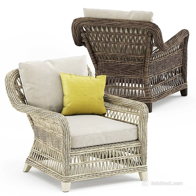 Stylish Comfortable Outdoor Wicker Sofa With Beige Cushion And Yellow Pillow 3d model 