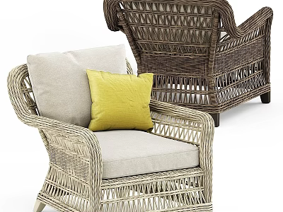 Stylish Comfortable Outdoor Wicker Sofa With Beige Cushion And Yellow Pillow 3d model