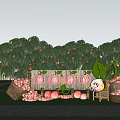 Xiantao Station Outdoor Scene With Peach Trees Wooden Sign Baskets And Cartoon Figure