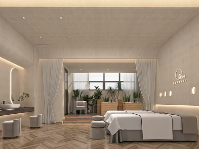 Relaxing SPA Sauna Interior Design With Wooden Elements Massage Bed And Green Plants 3d model