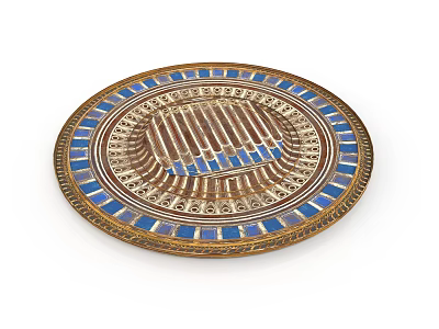 Decorative Circular Plate With Golden Border Blue Accents And Geometric Patterns 3d model