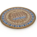 Decorative Circular Plate With Golden Border Blue Accents And Geometric Patterns