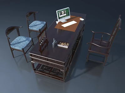 Wooden Swing Door In Traditional Chinese Study With Desk And Chairs 3d model