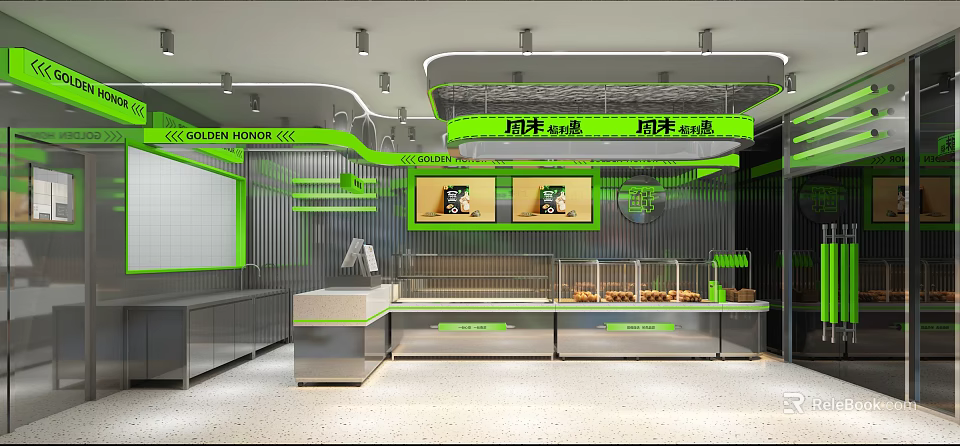 Gooden House Dessert Shop Interior With Green Accents Display Cases And Fresh Desserts 3d model 
